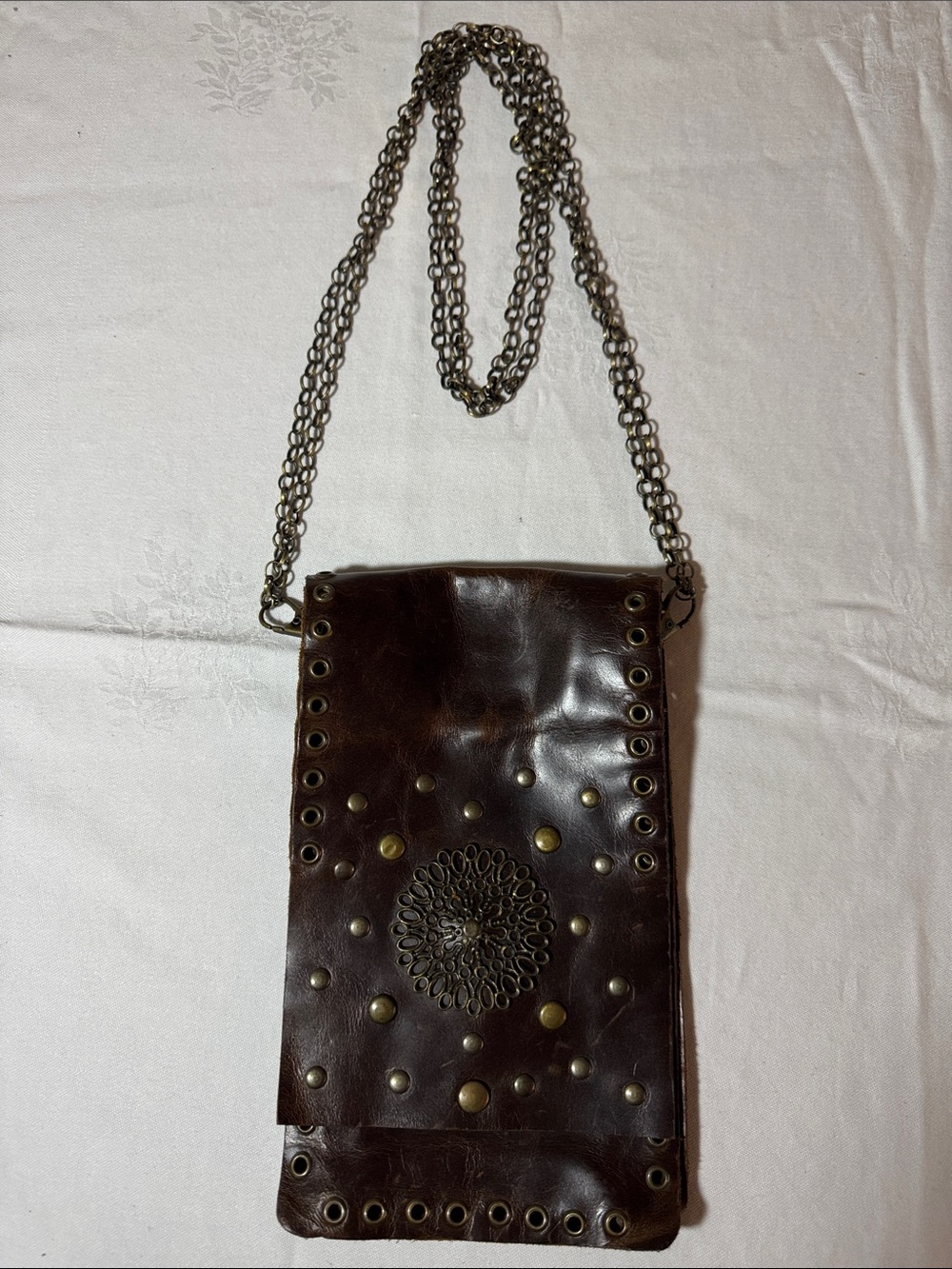 Hand Crafted Dark Brown Leather Crossbody with Brass Stud Accents